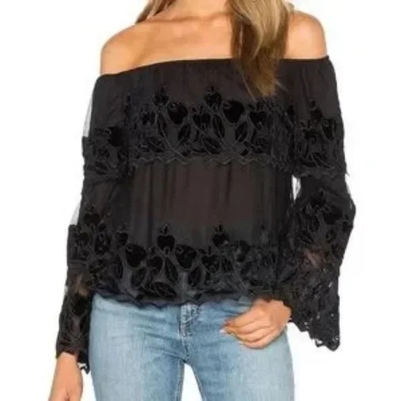 Endless Rose Tops - Endless Rose Women's Black Velvet Embroidery Ruffle Off-Shoulder Blouse Size S